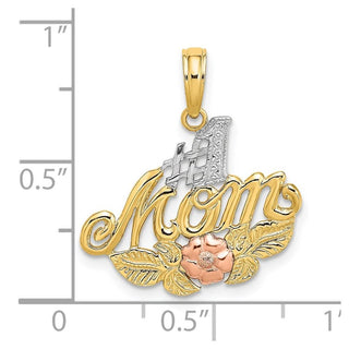 14k Yellow and Rose Gold with Rhodium #1 Mom w/ Flower Pendant