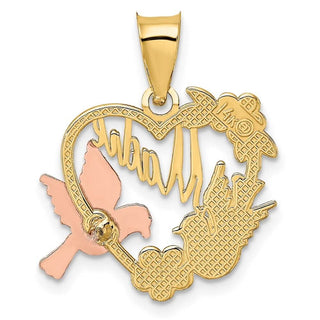 14k Yellow and Rose Gold w/Rhodium Madre in Heart w/Doves Pendant