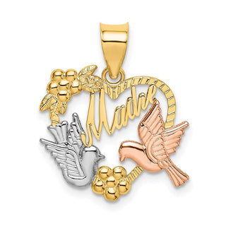 14k Yellow and Rose Gold w/Rhodium Madre in Heart w/Doves Pendant