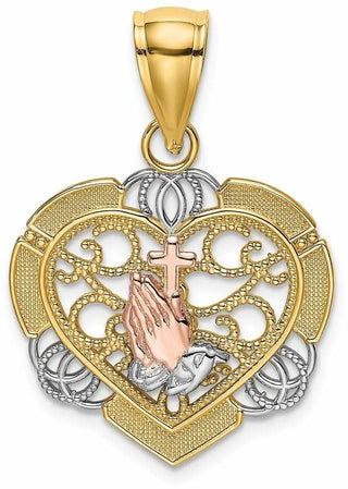 14k Yellow and Rose Gold with Rhodium Praying Hands and Cross In Heart Pendant