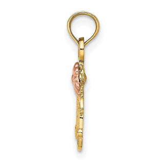 14k Two-tone Gold Textured Scroll w/Flower Mom Pendant