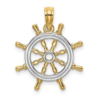 14k Yellow Gold And Rhodium Ships Wheel Pendant