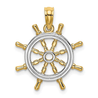 14k Yellow Gold And Rhodium Ships Wheel Pendant
