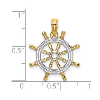 14k Yellow Gold And Rhodium Ships Wheel Pendant