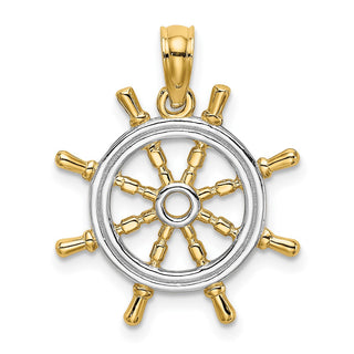14k Yellow Gold And Rhodium Ships Wheel Pendant