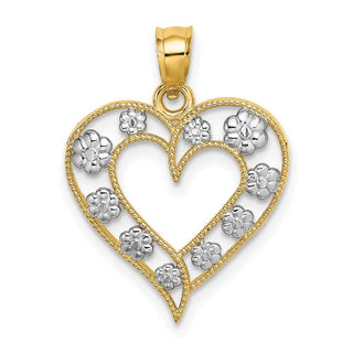 14k Yellow Gold and Rhodium and Beaded Cut-Out Heart w/ Flowers Pendant