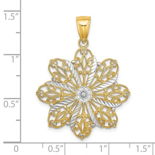 14k Yellow Gold w/Rhodium-Plated Diamond-cut Flower Pendant