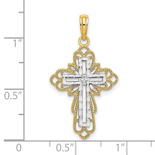 14k Yellow Gold And Rhodium Lace Trim Cross Pendant