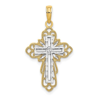 14k Yellow Gold And Rhodium Lace Trim Cross Pendant
