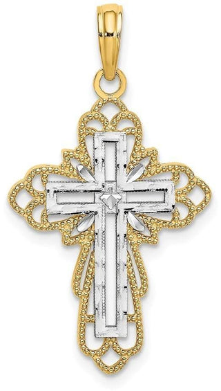 14k Yellow Gold And Rhodium Lace Trim Cross Pendant