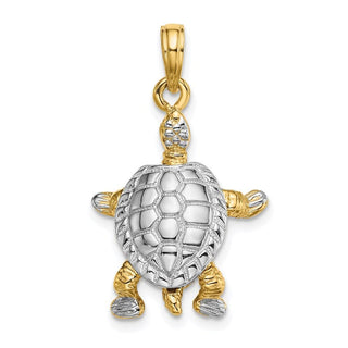 14k Yellow Gold and Rhodium 3-D Land Turtle w/Moveable Head Pendant