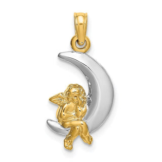 14k Yellow Gold w/Rhodium 3-D Angel On Moon Pendant