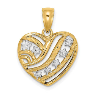14k Yellow Gold and Rhodium Stars and Stripes Heart Pendant