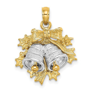 14k Two-tone Gold 3-D Christmas Bell and Holly Pendant K9278