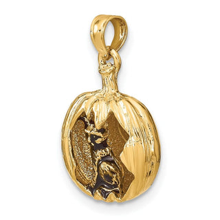 14k Gold and Rhodium 3-D Jack-O-Lantern w/Enameled Black Cat and Moon Pendant