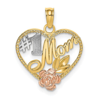 14k Yellow and Rose Gold with Rhodium Beaded Heart w/ #1 Mom Pendant