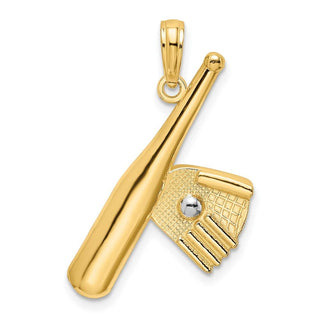 14k Yellow Gold And Rhodium Baseball Bat With Ball Pendant