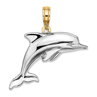 14k Yellow Gold w/Rhodium 3-D Reversible Puffed Dolphin Pendant