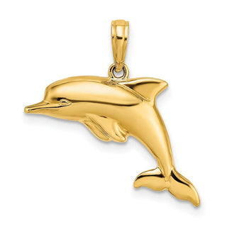 14k Yellow Gold w/Rhodium 3-D Reversible Puffed Dolphin Pendant
