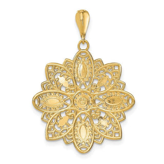 14k Yellow Gold w/ Rhodium-Plated Diamond-cut and Filigree Flower Pendant