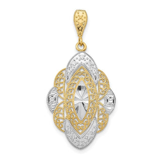 14k Yellow Gold w/Rhodium Diamond-cut Filigree Oval Pendant