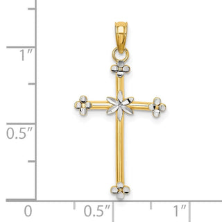 14k Yellow Gold with Rhodium Thin Diamond-Cut Cross Pendant