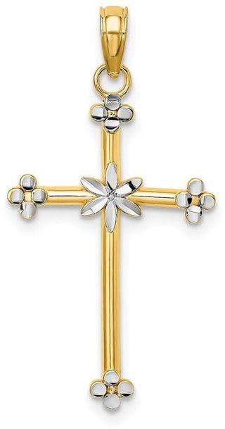 14k Yellow Gold with Rhodium Thin Diamond-Cut Cross Pendant