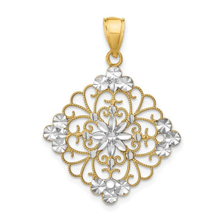 14k Yellow Gold w/Rhodium Diamond-cut Filigree Medallion Pendant