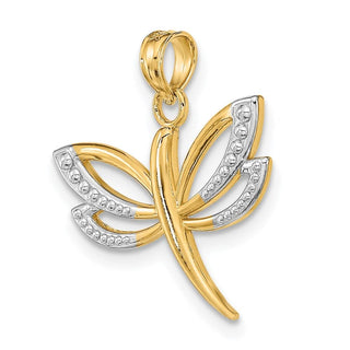 14k Yellow Gold And Rhodium Textured Dragonfly Pendant