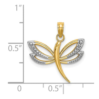 14k Yellow Gold And Rhodium Textured Dragonfly Pendant