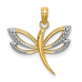 14k Yellow Gold And Rhodium Textured Dragonfly Pendant