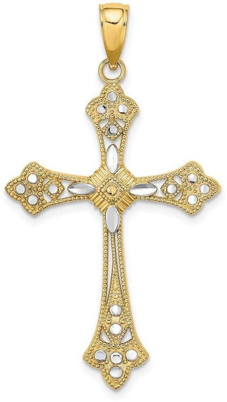 14k Yellow Gold And Rhodium And Diamond-Cut Edges Cross Pendant