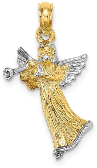 14k Yellow Gold And Rhodium 3-D Angel Playing Trumpet Pendant