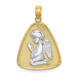 14k Yellow Gold w/Rhodium Angel Praying w/Halo On Triangle Disc Pendant