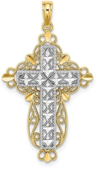 14k Gold with Rhodium 2-D Diamond-cut Filigree Cross Pendant K9358
