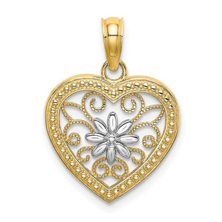 14k Yellow Gold and Rhodium Beaded Heart w/ Flower and Filigree Pendant