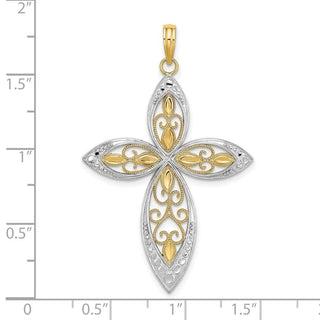 14k Yellow Gold with Rhodium-Plated Beaded Filigree Cross Pendant