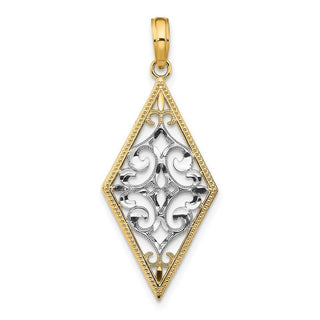 14k Yellow Gold w/Rhodium Kite-Shape Cut-Out Filigree Pendant