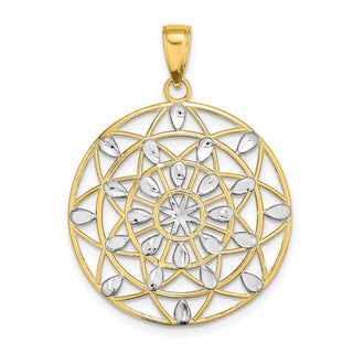 14k Yellow Gold and Rhodium Cut-Out Stars and Diamond-cut Leaf Pattern Pendant