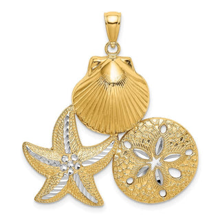 14k Yellow Gold Rhodium Shiny-Cut Scallop, Starfish &Sand Dollar Cluster Pendant