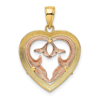 14k Yellow and Rose Gold with Rhodium Polished Dolphins In Heart Frame Pendant