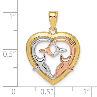 14k Yellow and Rose Gold with Rhodium Polished Dolphins In Heart Frame Pendant