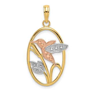 14k Yellow and Rose Gold with Rhodium Hummingbird /Flowers In Oval Frame Pendant