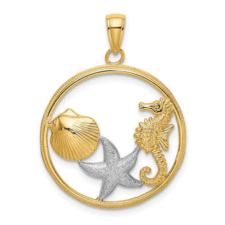 14k Gold and Rhodium Scallop, Starfish and Seahorse In Round Frame Pendant