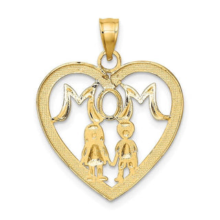 14k Yellow Gold w/Rhodium-Plated Heart with 2 Kids Mom Pendant