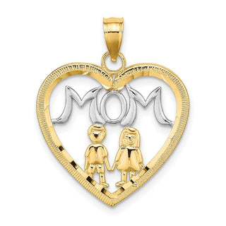 14k Yellow Gold w/Rhodium-Plated Heart with 2 Kids Mom Pendant