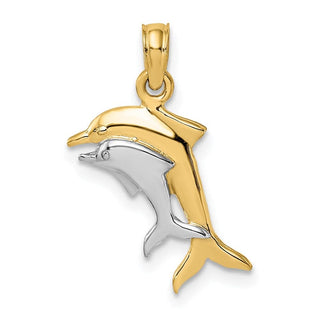 14k Yellow Gold w/ Rhodium-Plated 2-D and Polished Dolphins Pendant