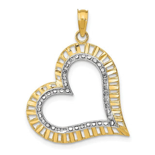 14k Yellow Gold and Rhodium Diamond-cut and 2-D Large Tilted Heart Pendant