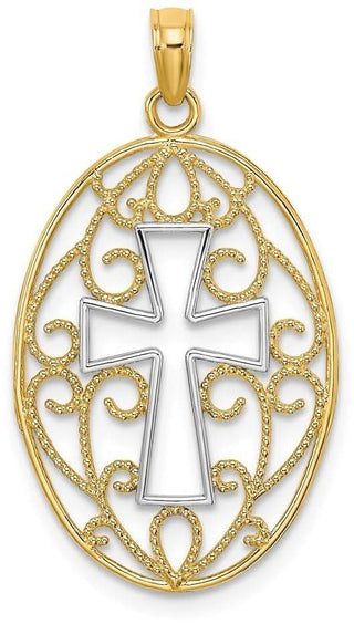 14k Yellow Gold And Rhodium Beaded Filigree Cross Pendant
