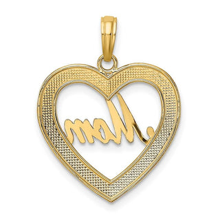 14k Yellow Gold w/ Rhodium and Diamond-cut Heart Frame Mom Pendant